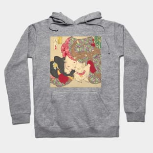 Teasing the cat. Beautiful Japanese woman with cat print Hoodie